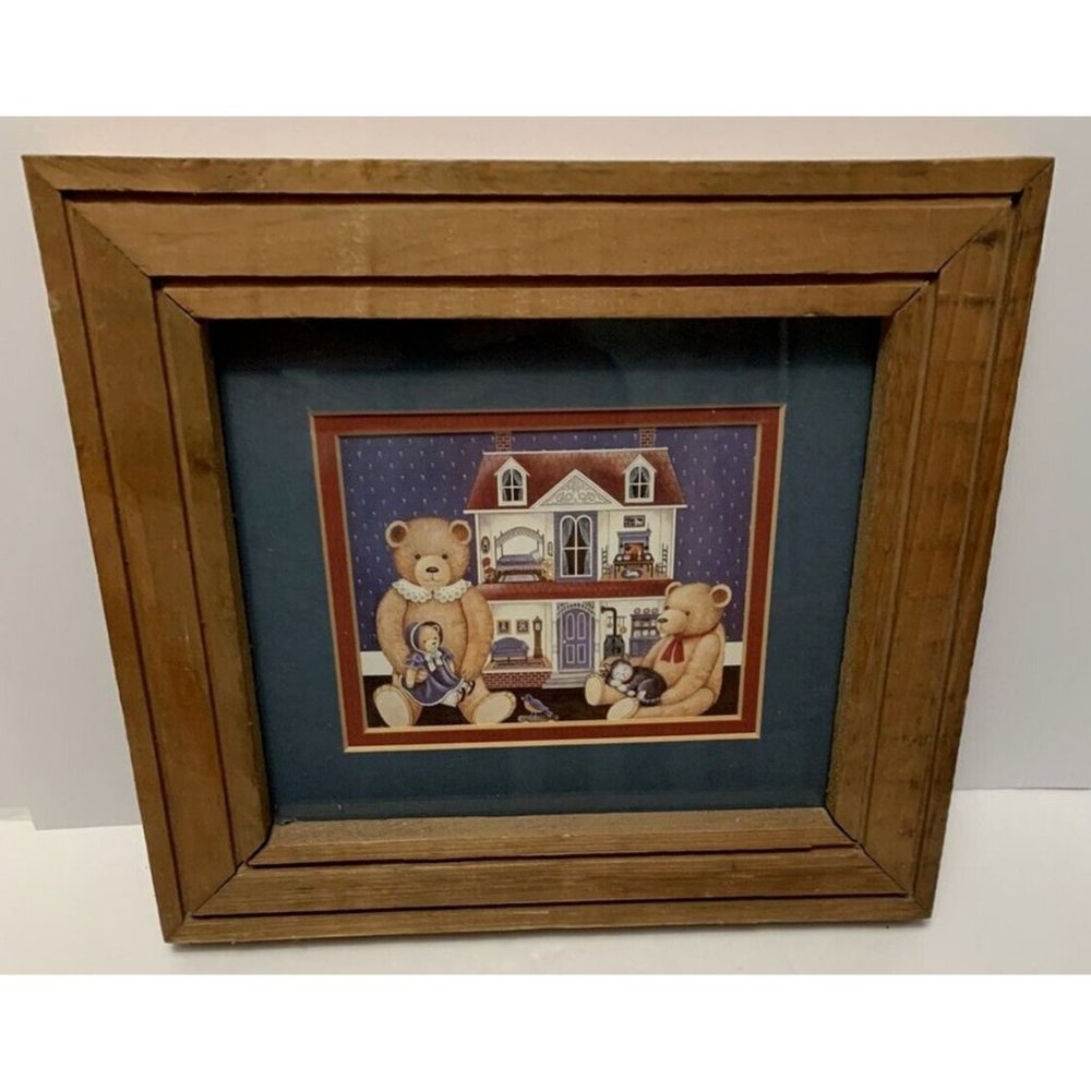 Framed Art For Youth Bears Sitting In Front Of Dollhouse With Cat Bird